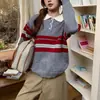 Suéter de Punto de Manga Larga a Rayas Contrastantes con Cuello Polo Estilo Universitario Nuevo Estilo Retro Americano Otoño e Invierno para Mujer Holgado Adelgazante