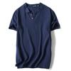 Camiseta de manga curta Linho Vintage Top fino de meia manga Cor sólida Gola V Loose plus size T-shirt de linho de algodão