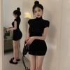 Vestido Estilo Deseo Puro Sexy Ajustado de Manga Corta Cuello Alto para Mujer Verano Chica Caliente Ajustado Cintura Ceñida Elegante Cadera Falda Corta