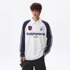 Camisa polo retrô estilo americano de manga comprida, jersey estudantil listrado, respirável e casual, com patchwork e lettering, top versátil de outono