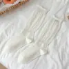 Meias com Babado de Renda para Mulheres, Estilo Fino de Primavera e Verão, Meias de Algodão de Cor Sólida, Meias Longas Respiráveis Sem Costura com Patch de Letra Série Miu para Verão