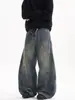 Jeans Retro Americanos Lavados Desgastados Scimitar Unisex Marca de Moda Callejera Geniales Sueltos Versátiles Pierna Ancha Pantalones Largos hasta el Suelo