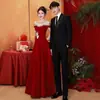 Vestido de Brinde Off-Shoulder Estilo Francês para Noivas, Vestido de Banquete de Noivado de Luxo, Vestido Longo de Anfitriã para Baile de Formatura