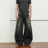 Jeans Scimitar Lavados Negro y Gris con Salpicaduras de Tinta de la Alta Calle Americana para Hombre, Desgastados, Teñidos de Forma Sucia, Holgados y Versátiles, Pantalones Retro Modernos