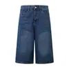 C013 Estilo High Street Americano Unisex Lavado Retro Azul Diseño Pantalones Cortos de Mezclilla Rectos Sueltos para Hombre