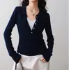 Suéter Elegante de Punto Falso de Dos Piezas Contrastantes Ron 2025 Otoño Nuevo Casual Cuello Polo Ajustado Top para Mujer t