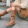 Botas Vaqueras Apiladas Versátiles Casuales Simples de Punta Redonda con Suela Gruesa Otoño 2025 Estilo Lazy Botas Largas de Gamuza para Mujer