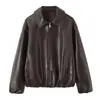 Chaqueta de cuero transfronteriza europea y americana con cuello de solapa, holgada y elegante, chaqueta con cremallera para mujer, única y moderna, cuero versátil de estilo europeo y americano