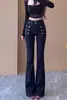 Atacado do fabricante, calça flare feminina coreana Dongdaemun de alta qualidade com design de botões e detalhes de rebites, jeans de perna larga 7206