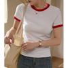 # Algodón Puro Seleccionado # Camiseta Casual Retro de Color Contrastante para Mujer Verano 2026 Nueva Ajustada Versátil de Manga Corta Camiseta Básica