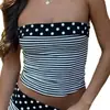 Top sin mangas tipo tank top sexy estilo europeo y americano, con estampado de lunares y rayas hawaianas, escote Bardot, corte corto ajustado y abdomen al descubierto
