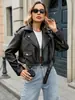 Comercio Exterior Transfronterizo Chaqueta de Cuero para Mujer Estilo Chica Caliente Europea y Americana Chaqueta de Cuero Artificial para Motocicleta Chaqueta Corta de Verano con Solapa Diagonal