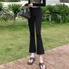 Calça Feminina Jeans Micro Preto 2024 Primavera Outono Inverno Forrada com Fleece Sete Pontos Cintura Alta Pequena Skinny Nove Pontos Flare