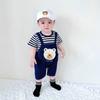 Macacão de Verão com Manga Curta para Bebê Macacão Listrado Estampado Ursinho Falso Duas Peças Roupa de Coelho Roupa de Escalada