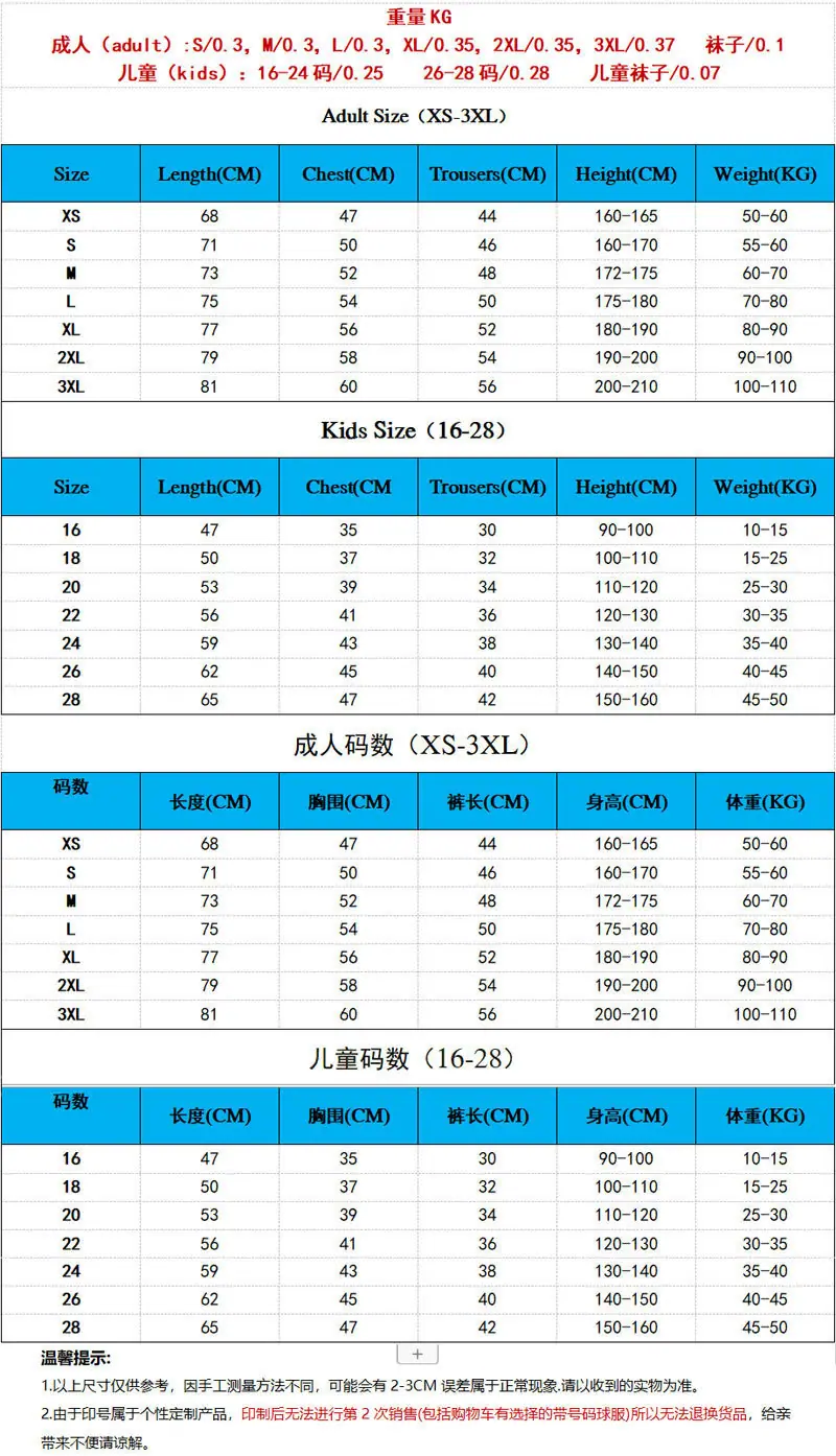 尺码表英文版