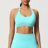 Ropa de Yoga de Punto Sin Costuras de Color Sólido, Cuello Halter, Espalda Bonita, Sujetador Deportivo a Prueba de Impactos, Fruncido, Transpirable, Top Ajustado, Ropa de Fitness