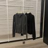 América/Otoño Retro Americano Hombro Derecho Negro y Gris Textura de Puntos Sudadera con Cremallera Ajustada Corta