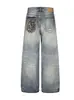 Marca trendy americana retro lavado desgastado estampado de leopardo diseño de bolsillo sentido de la personalidad jeans de pierna ancha corte limpio