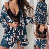 Conjunto de Ropa de Casa de Nuevo Estilo Estampado Imitación Seda para Comercio Exterior Europeo y Americano, Cárdigan, Lencería Seductora de Encaje Negro para Mujer