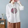 Foto real de camisa bordada de algodão e linho estilo étnico vintage para mulheres, nova camisa solta de manga comprida primavera/outono 2026