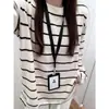 Camiseta de Manga Longa Listrada Escovada Simples Estilo Coreano para Mulheres, Primavera/Outono, Elegante Preguiçosa Solta Camada Base para Sobreposição