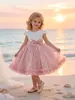 Vestido Infantil Novo 2025 Vestido Princesa de Malha com Lantejoulas Manga Curta Saia Bufante Vestido de Aniversário para Um Ano Vestido