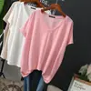 Verano Nuevo Gordo mm 1.0-150 kg Talla Extra Grande Holgada Delgada Cuello en V Manga Corta Camiseta para Mujer Seda de Hielo Versátil Top de Moda