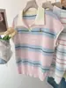 Top de punto de manga corta a rayas con cuello tipo polo y mangas abullonadas pequeñas estilo coreano para mujer, Camiseta básica casual de verano con temperamento