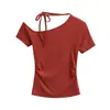 FS561-25 Primavera Nuevo Estilo Europeo y Americano Blogger INS Camiseta de Manga Corta Ajustada con Cordones y Pliegues en el Hombro Diagonal