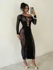 Amazon Europa América Encaje Jacquard Retro Transparente Estampado Floral Manga Larga Malla Vestido Tendencia Callejera Sexy Ajustado