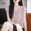 Camiseta de punto de manga corta con cuello en V para mujer, estilo veraniego fino con diseño calado, top adelgazante y elegante, camiseta sin mangas fresca de lino de bambú