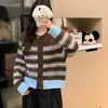 Novo cardigã de outono e inverno estilo coreano, suéter de tricô listrado com blocos de cor na cor Melard para mulheres, cardigã de botões simples com gola redonda