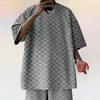 Camiseta de Manga Corta con Cuadros de Jacquard Pesado de Verano 2025 para Hombre, Camiseta Casual Holgada de Hombro Caído con Cuello Redondo para Hombre