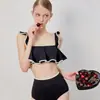 Traje de baño de dos piezas para mujer, estilo coreano nuevo, con borde con volantes, sexy para aguas termales, push-up para busto pequeño, de estudiante, de cintura alta, que cubre el abdomen