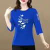 E-commerce Transfronteiriço Camiseta de Sete Mangas para Idosos Estampada Gola Redonda Solta Emagrecedora Versátil Casual Redutora de Idade Camisa Base