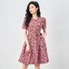 2419505-Shenzhen Nanyou Vestido Elegante Exquisito Estampado para Adelgazar la Cintura Cuello Redondo Manga Corta Gasa Nuevo