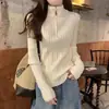 Suéter de tricô elegante com zíper e gola semi-alta para outono e inverno, com toque de alta qualidade, blusa básica estilosa de manga longa feminina