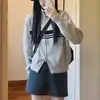 Jaqueta de tricô cinza estilo coreano com gola alta, modelagem solta estilo college, zíper duplo para mulheres, cardigã curto de tricô de outono para mulheres