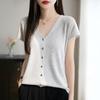 Verão Novo Suéter Decote V Feminino Solto Emagrecimento Elegante Combina com Tudo Cardigã de Manga Curta Multi-botões Colete Camiseta Top