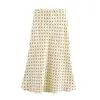 Falda Satinada de Lunares Retro para Mujer, Falda Midi de Sirena Drapada de Cintura Alta, Falda de Línea A Sedosa, Múltiples Colores en Stock