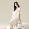 Camisón de Algodón Antibacteriano 7A Verano para Mujer Vestido Delgado de Manga Corta Rayado Se Puede Usar Afuera Pijama Talla Grande de Largo Medio