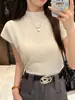 Camiseta de Manga Corta con Cuello Medio para Mujer, Nueva de Primavera y Verano, Ajustada, Suéter de Manga Corta, Camisa de Punto Base con Cuello Medio