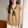 Bufanda de Seda Francesa con Cuello en V, Camiseta de Punto de Lino Hielo para Mujer, Manga Corta, Delgada, con Cortes, Casual, Estilo Coreano, Top Elegante para Verano