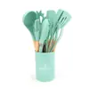 Juego de 12 Utensilios de Cocina de Silicona con Mango de Madera Set de Utensilios Antiadherentes Cubo de Almacenamiento Juego Diario de Cocina en Stock