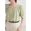Camisa Verde Menta Estilo Francés de Manga Corta para Mujer, Chic de Verano y Blusa Hermosa Única con Diseño de Nicho