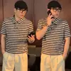 Camiseta de Textura Arrugada Estilo Coreano, Corte Holgado, Corte Ajustado, Top Rayado, Camisa de Verano para Hombre Rayada con Cuello Campana de Manga Corta