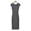 Vestido largo de verano 2023 con escote en U para mujer, ajustado, de manga corta, color liso, estilo camiseta, falda larga