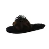 Chinelos peludos da moda com estampa de leopardo de pelúcia para outono e inverno para mulheres, para usar ao ar livre, chinelos de fogos de artifício, chinelos de algodão com strass