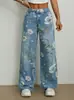 Jeans Estampados para Mujer Estilo Nuevo de Comercio Exterior Primavera/Verano 2026 Jeans Ligeros de Cintura Media Holgados de Pierna Ancha