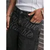 Talla europea [Cruzado para Hombre] Nuevos shorts de mezclilla negros para hombre, estilo callejero, con estampado de letras, sin elasticidad, para verano